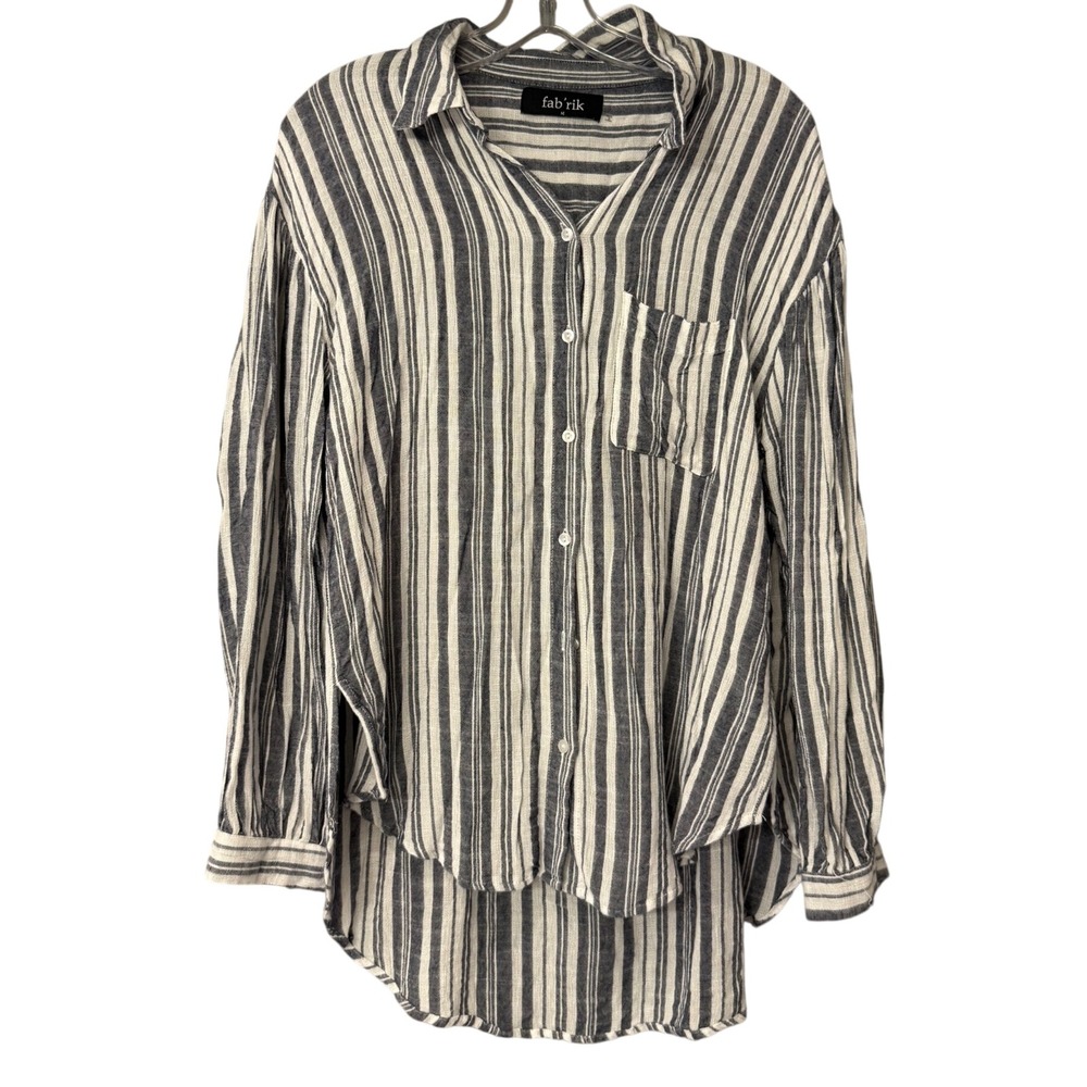 fab'rik Womens Blue White Striped Rayon Button Down High Low Shirt Medium